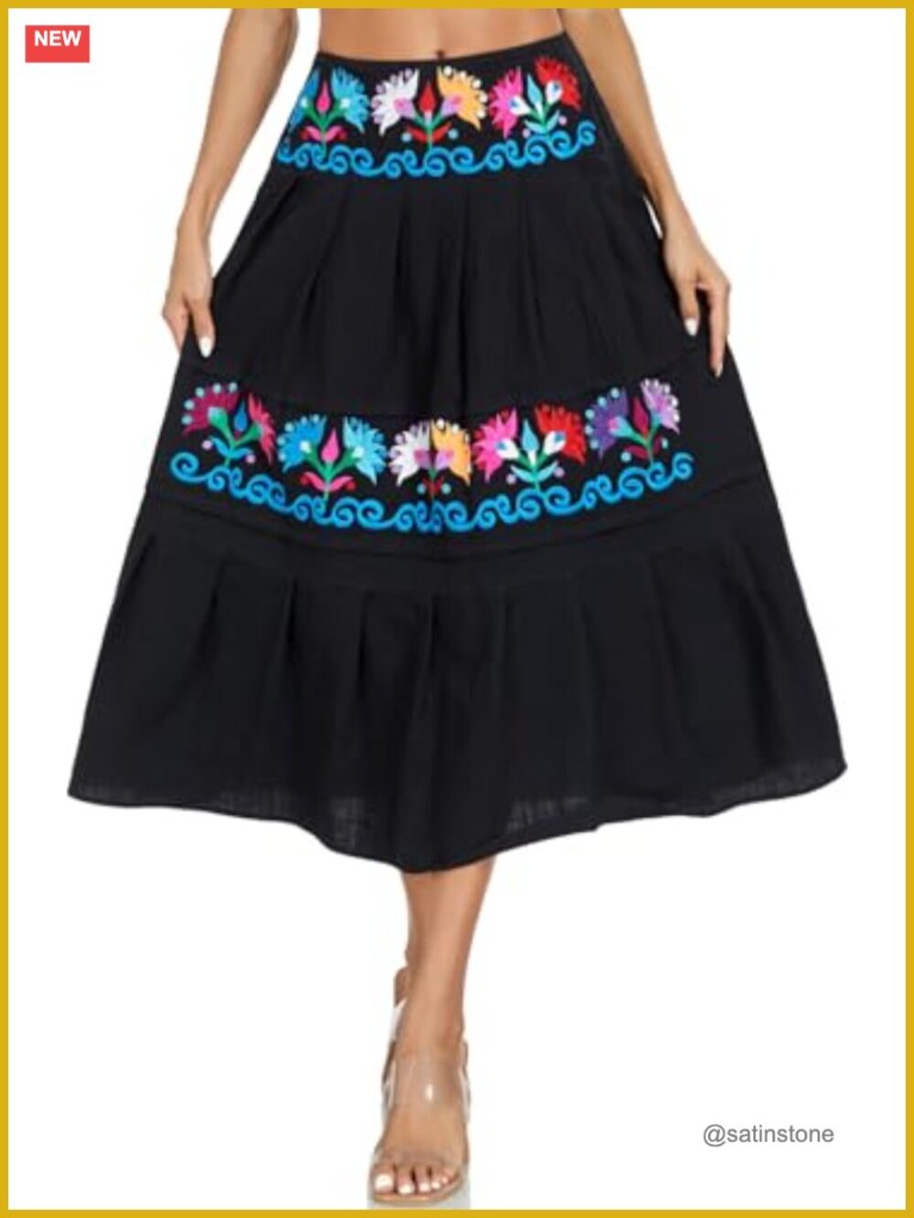 Floral Embroidered Maxi Skirt Traditional Mexican Fiesta High Waist Tiered